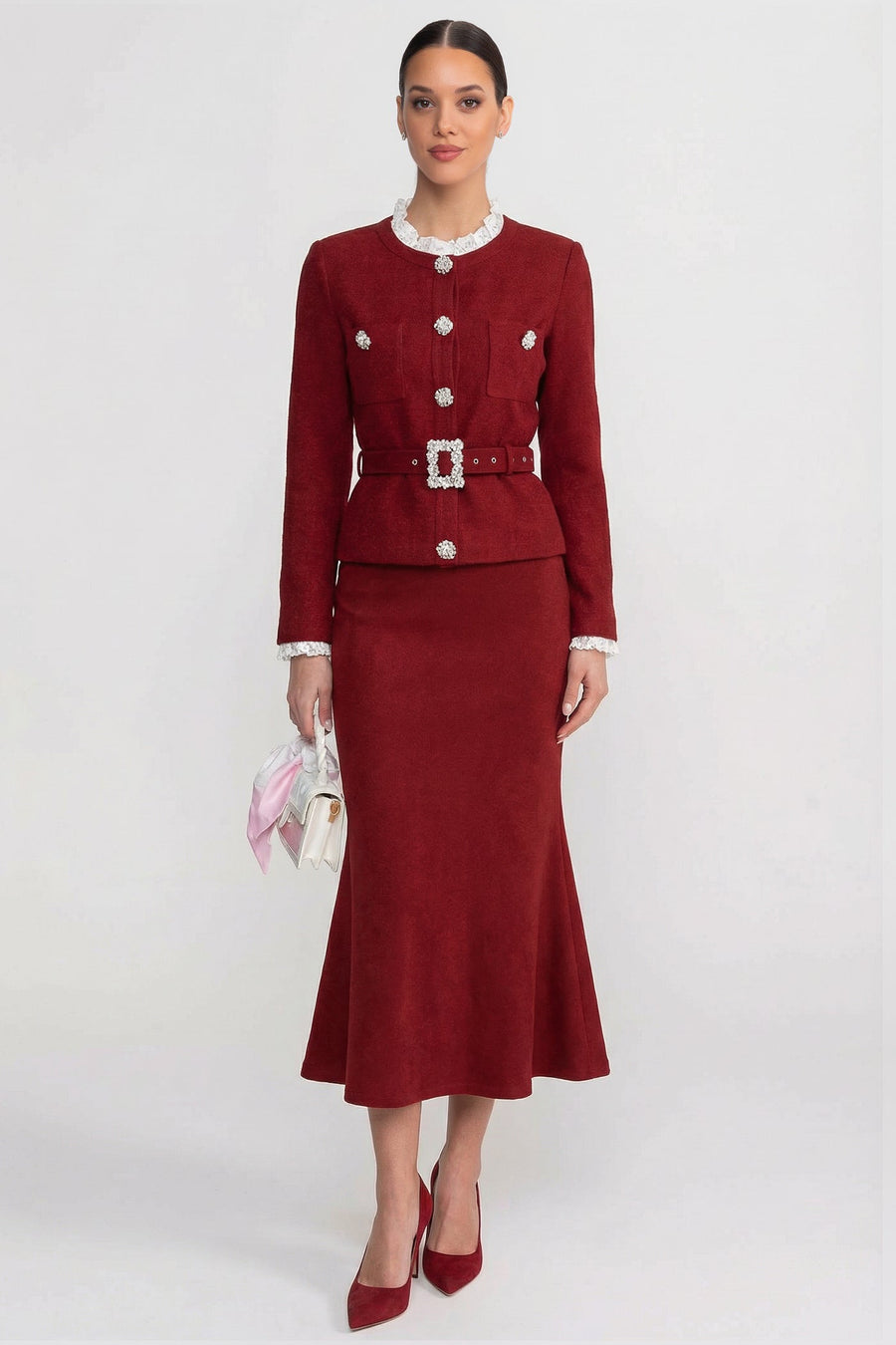 Fleur Burgundy Long Sleeve Co-Ord With Fitted Knit Bodice And Crystal Button Detail