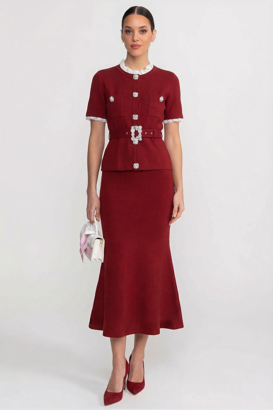 Veronique Burgundy Short Sleeve Co-Ord With Peplum Waist And Crystal Button Belt