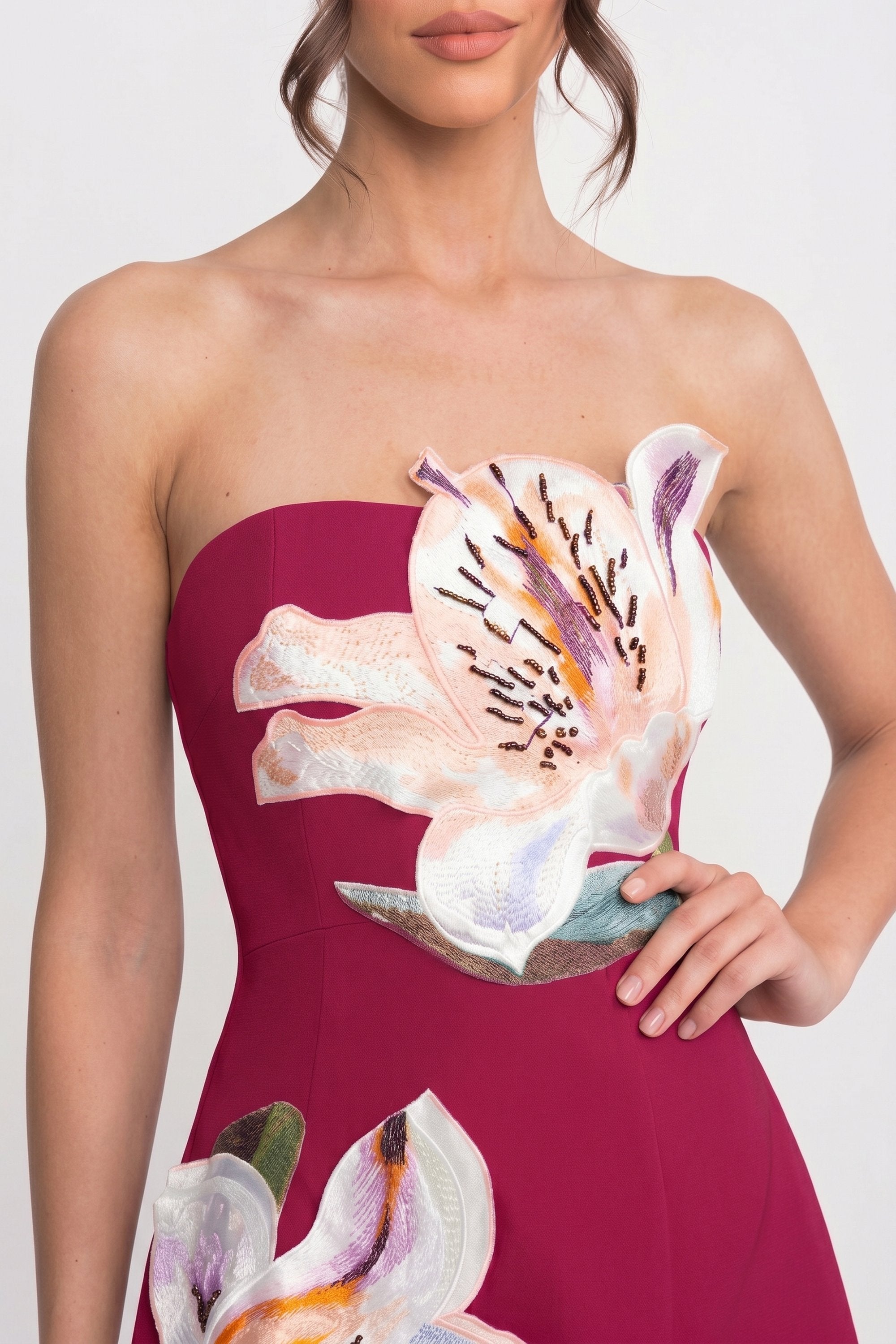 Strapless Floral-Print Mini Dress With Structured Bodice - Red