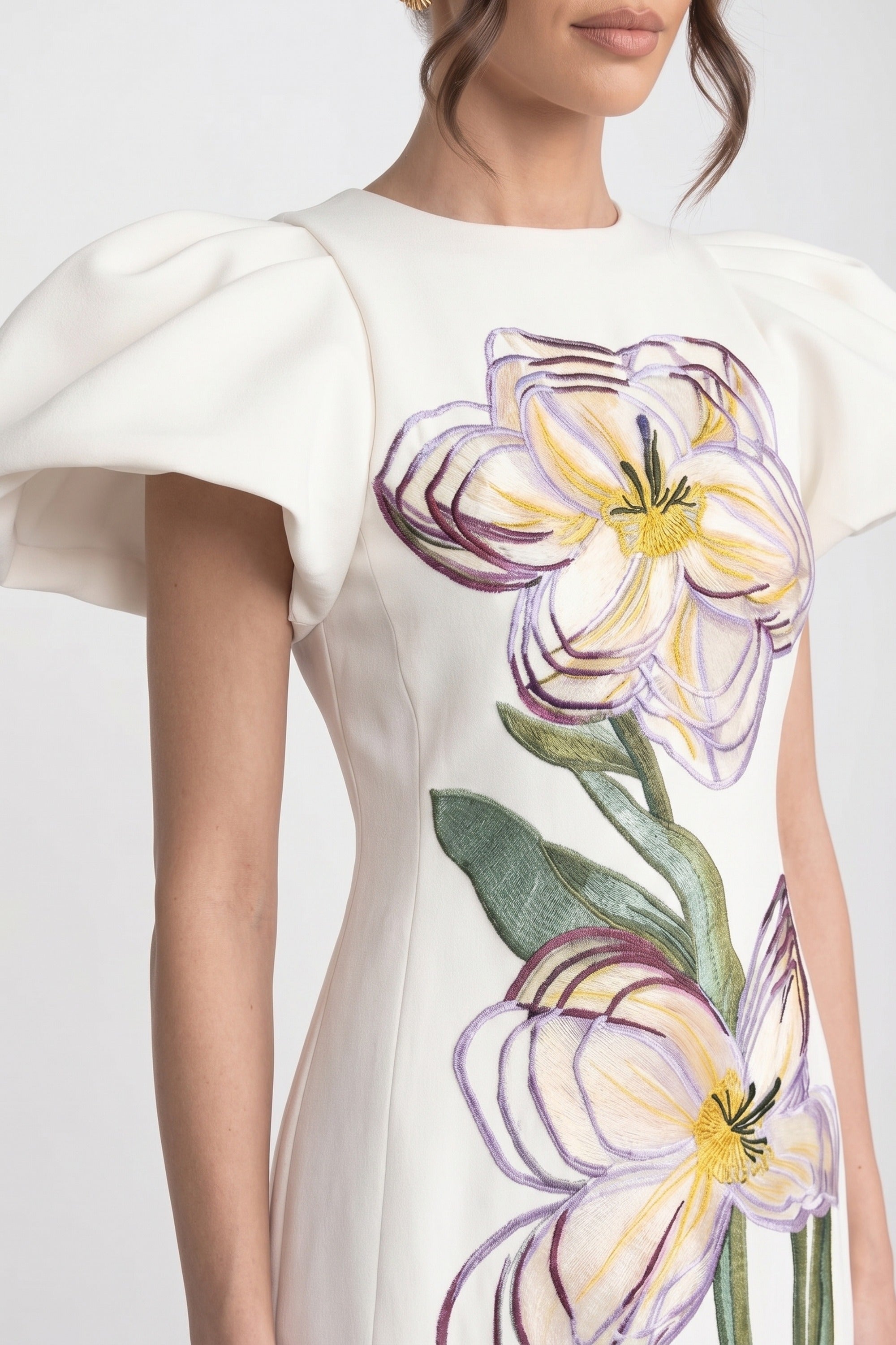 Structured Shoulder Maxi Dress With 3D Iris Floral Appliqué - White