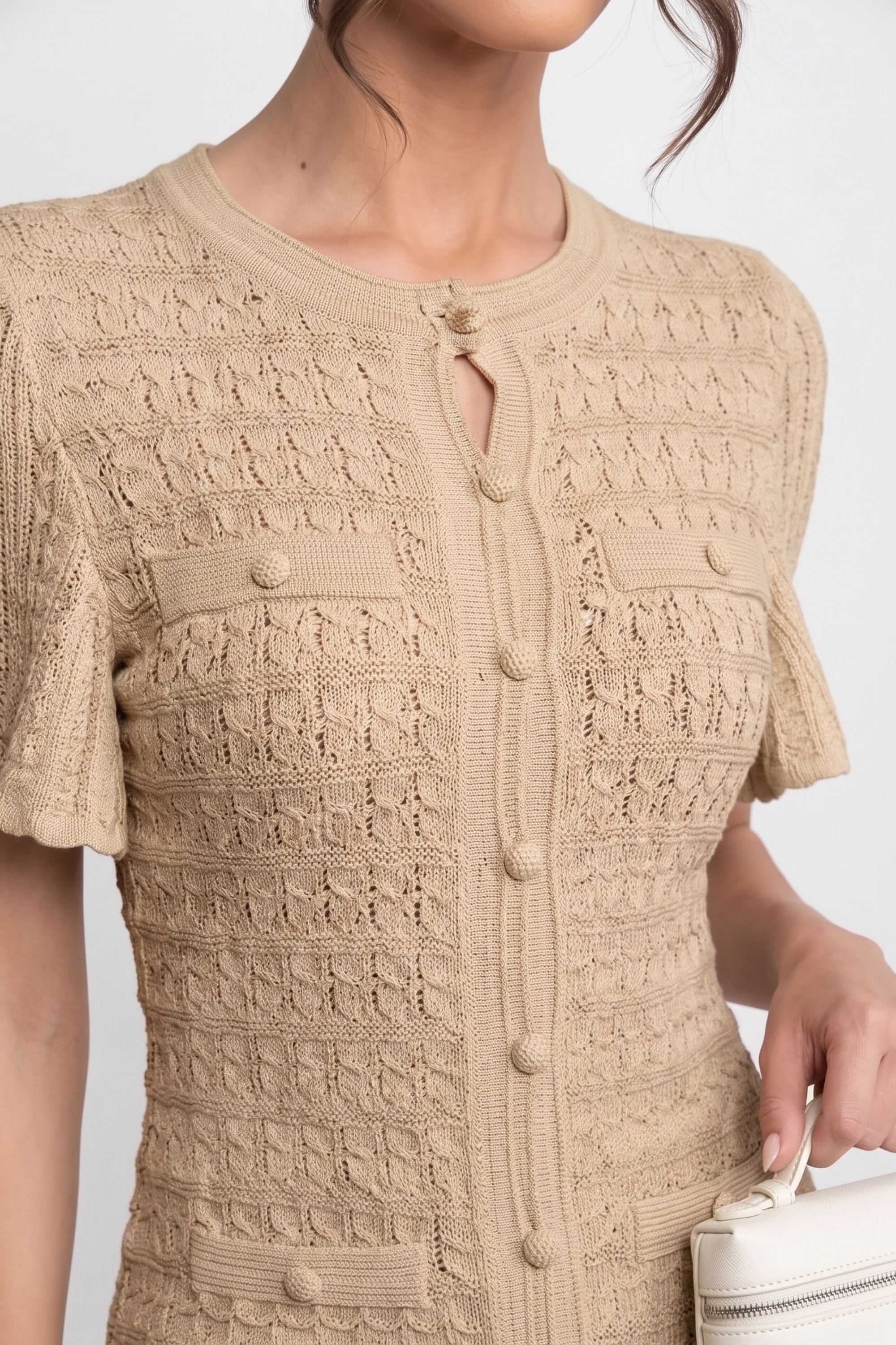 Short Sleeve Midi Dress With Shimmer Knit Texture - Beige
