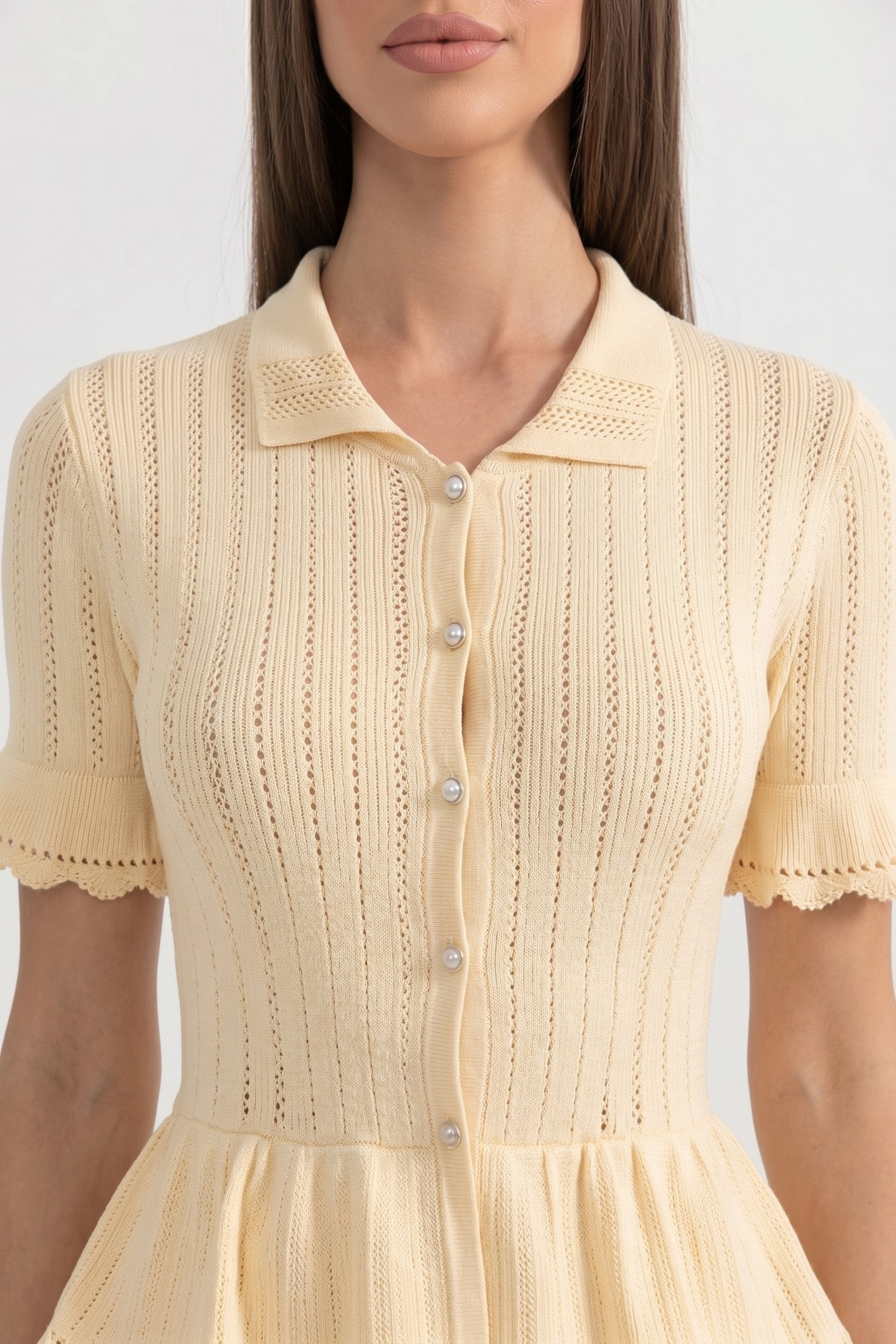 Peter-Pan Collar Knit Peplum Maxi Dress With Lace Hem - Yellow