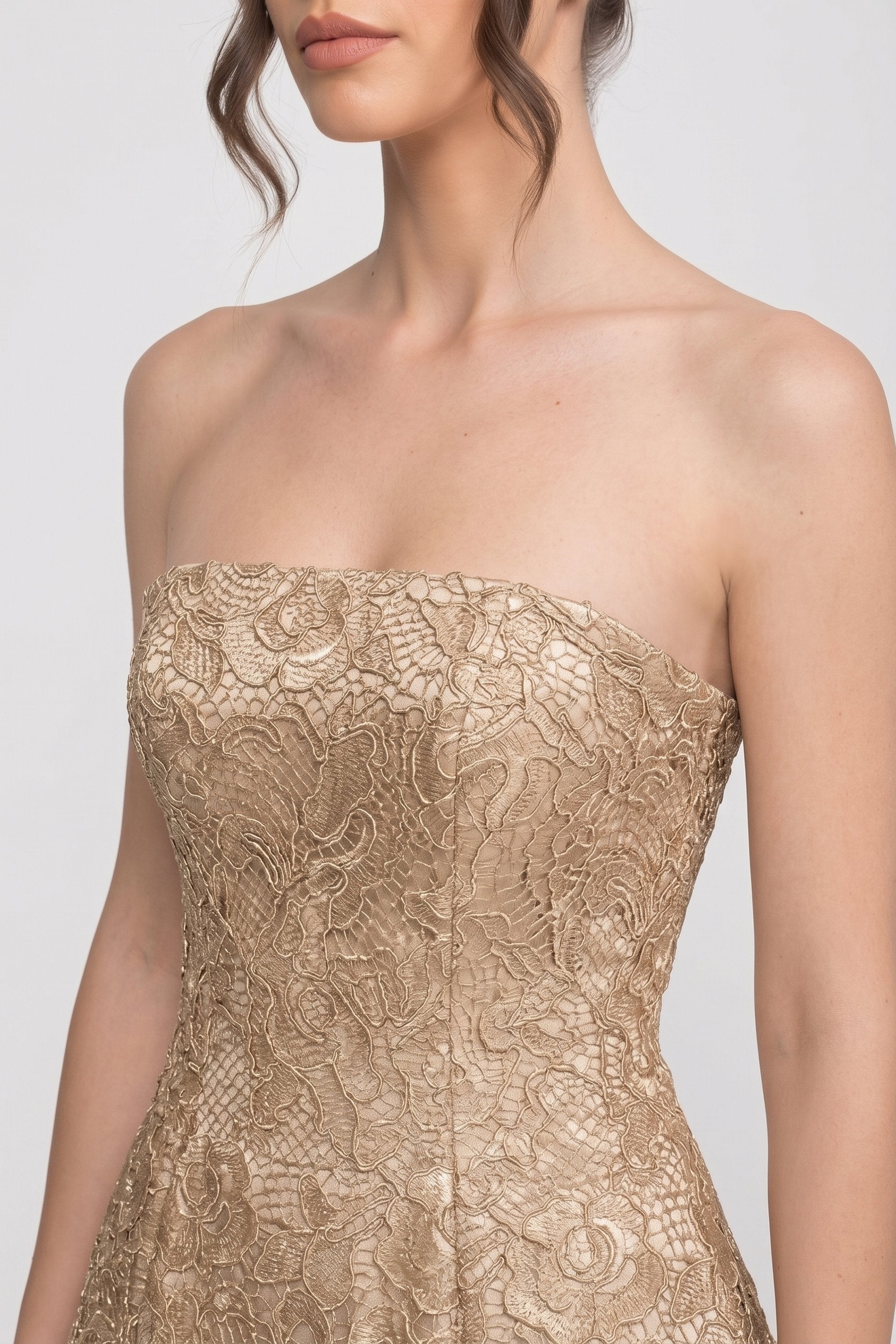 Strapless Floral Lace Ballgown With Full A-Line Skirt - Gold