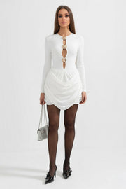 Draped Cut-Out Mini Dress With Sculptural Buttons – White