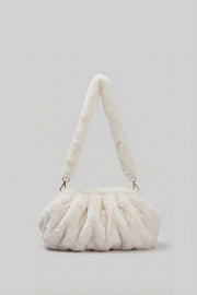 Faux Fur Shoulder Bag with Ruched Design – White