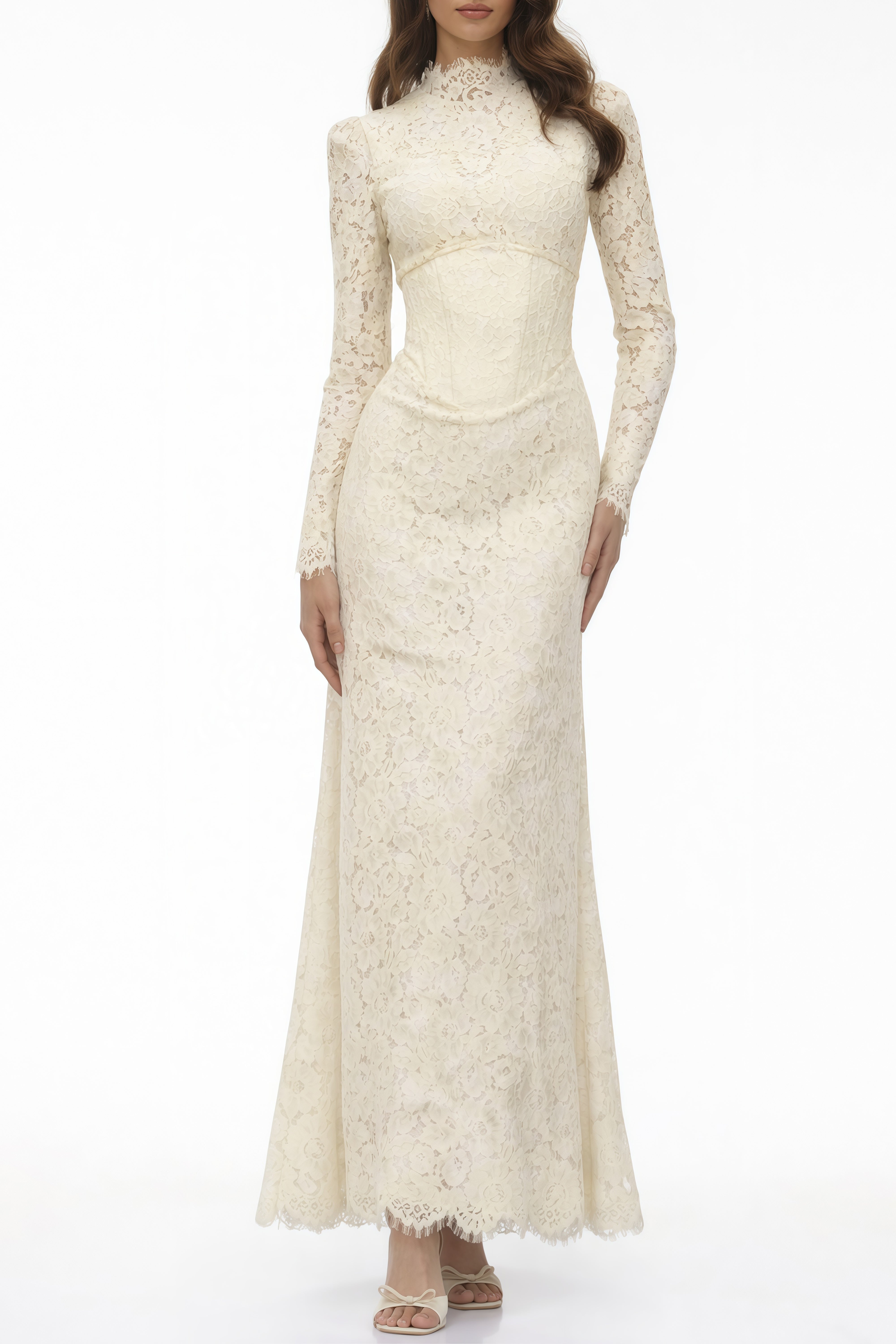 Maggie Ivory High Neck Floral Lace Maxi Dress