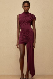 Fée Burgundy Asymmetrical Ruched Mini Dress (Final Sale)