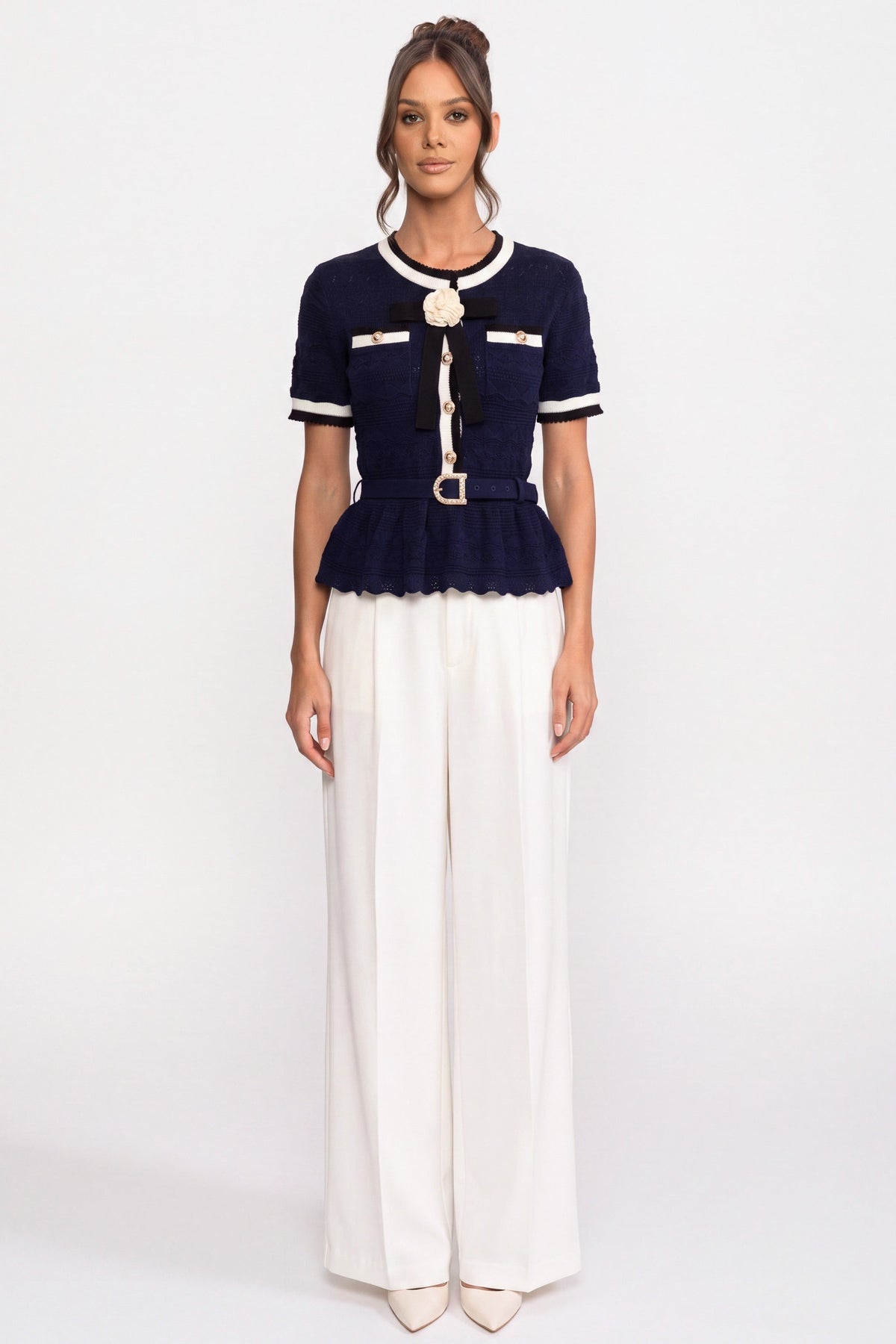 Peplum Knit Top With Contrast Sailor Collar And Pearl Buttons - Navy