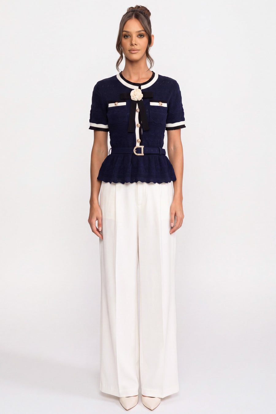 Peplum Knit Top With Contrast Sailor Collar And Pearl Buttons - Navy