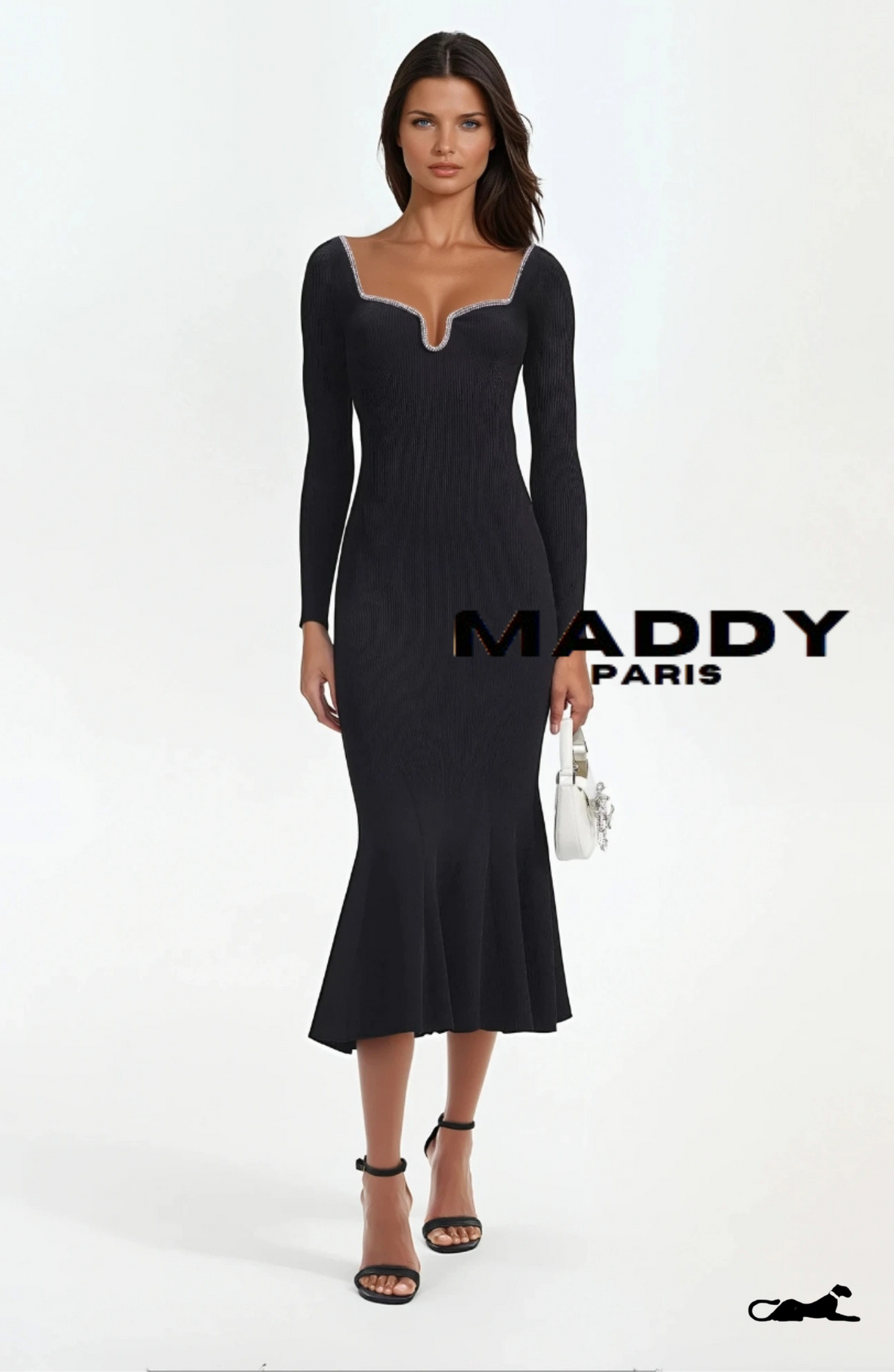 CELINE CRYSTAL-TRIMMED KNIT MIDI DRESS - BLACK