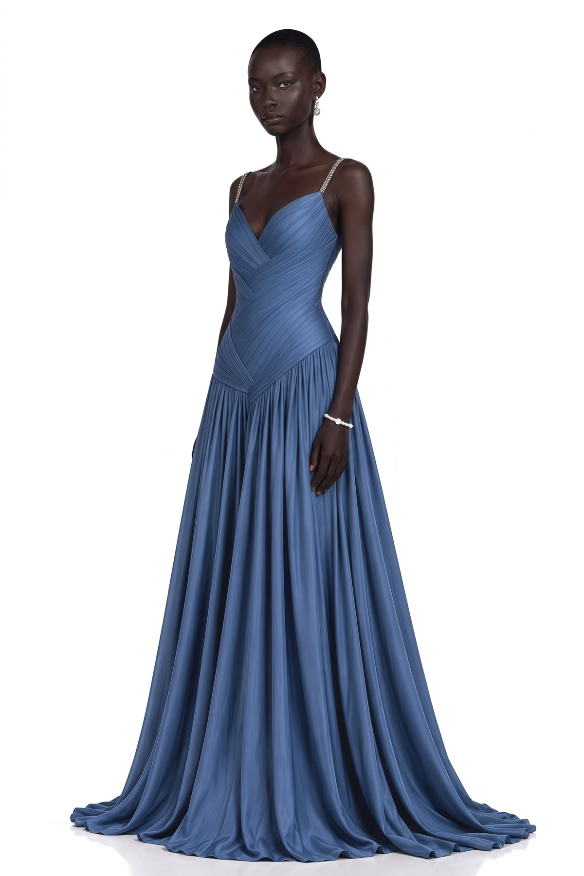 angelína blue diagonal pleated gathered maxi gown