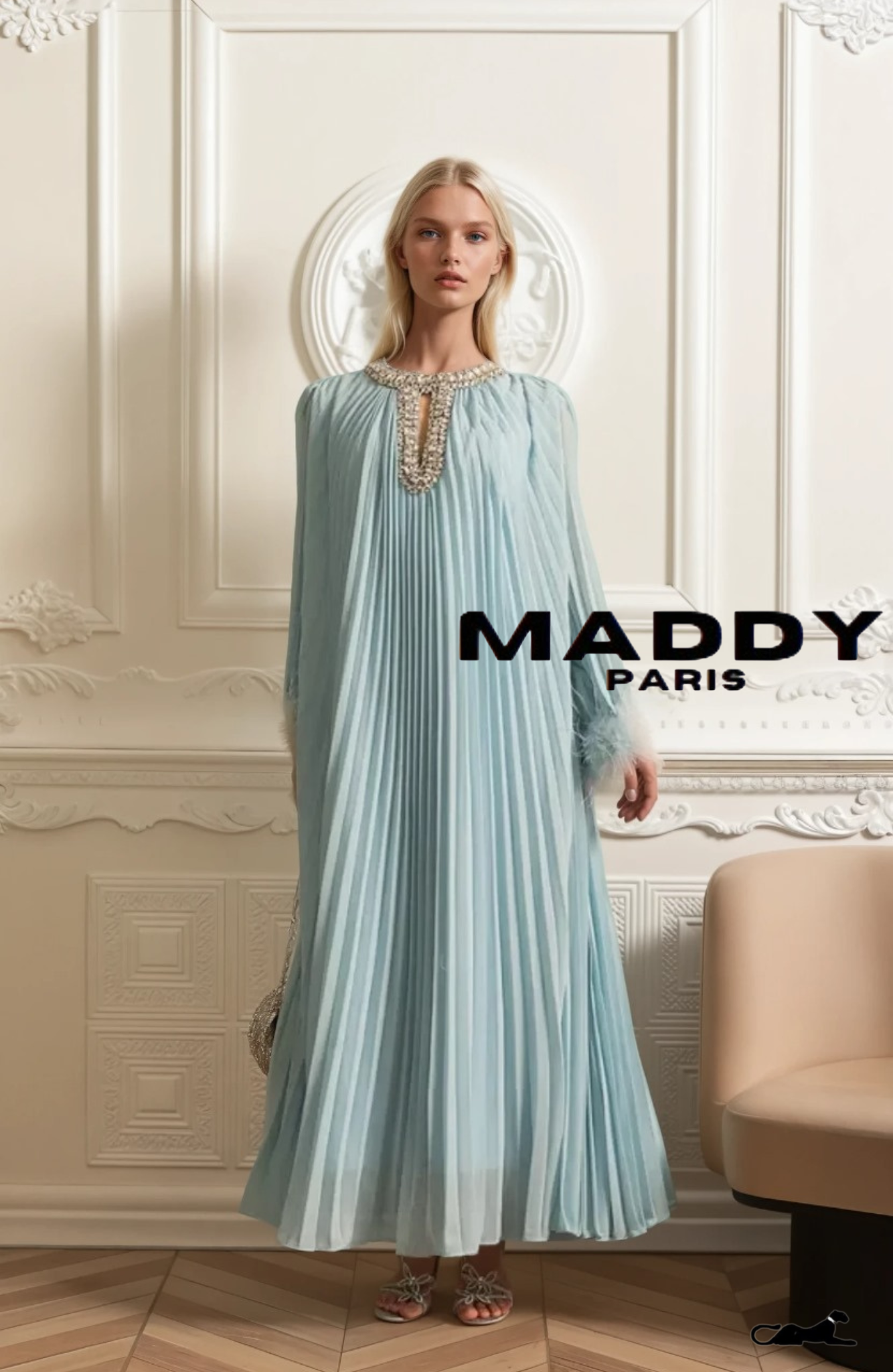 LAMISS Pleated Maxi Dress With Feathered Cuffs And Sparkling Neckline - Blue