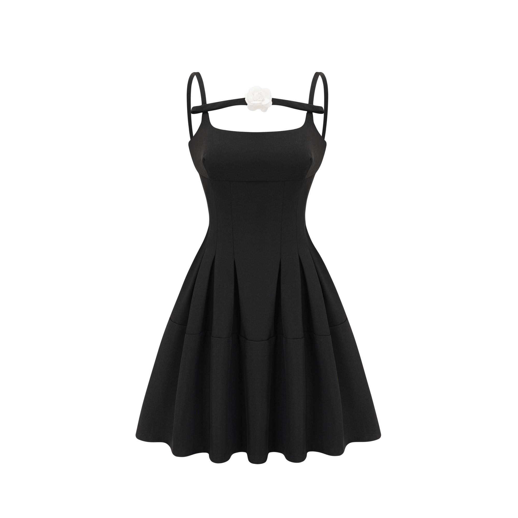 Camellia pleated black mini dress