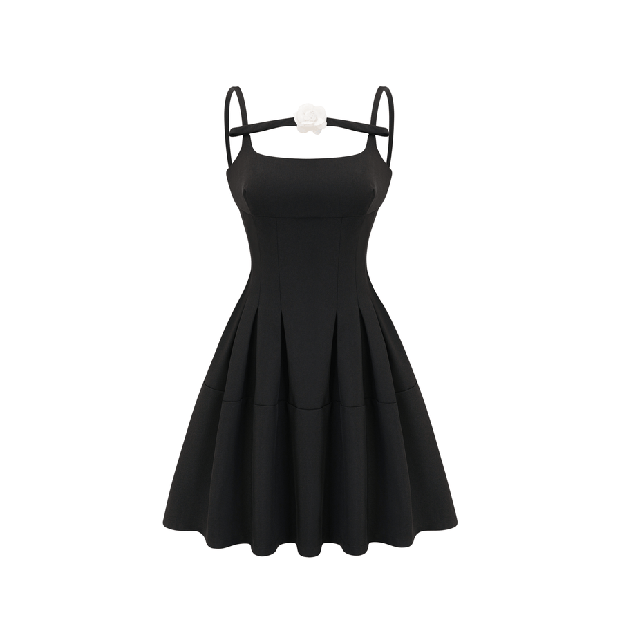 Camellia pleated black mini dress