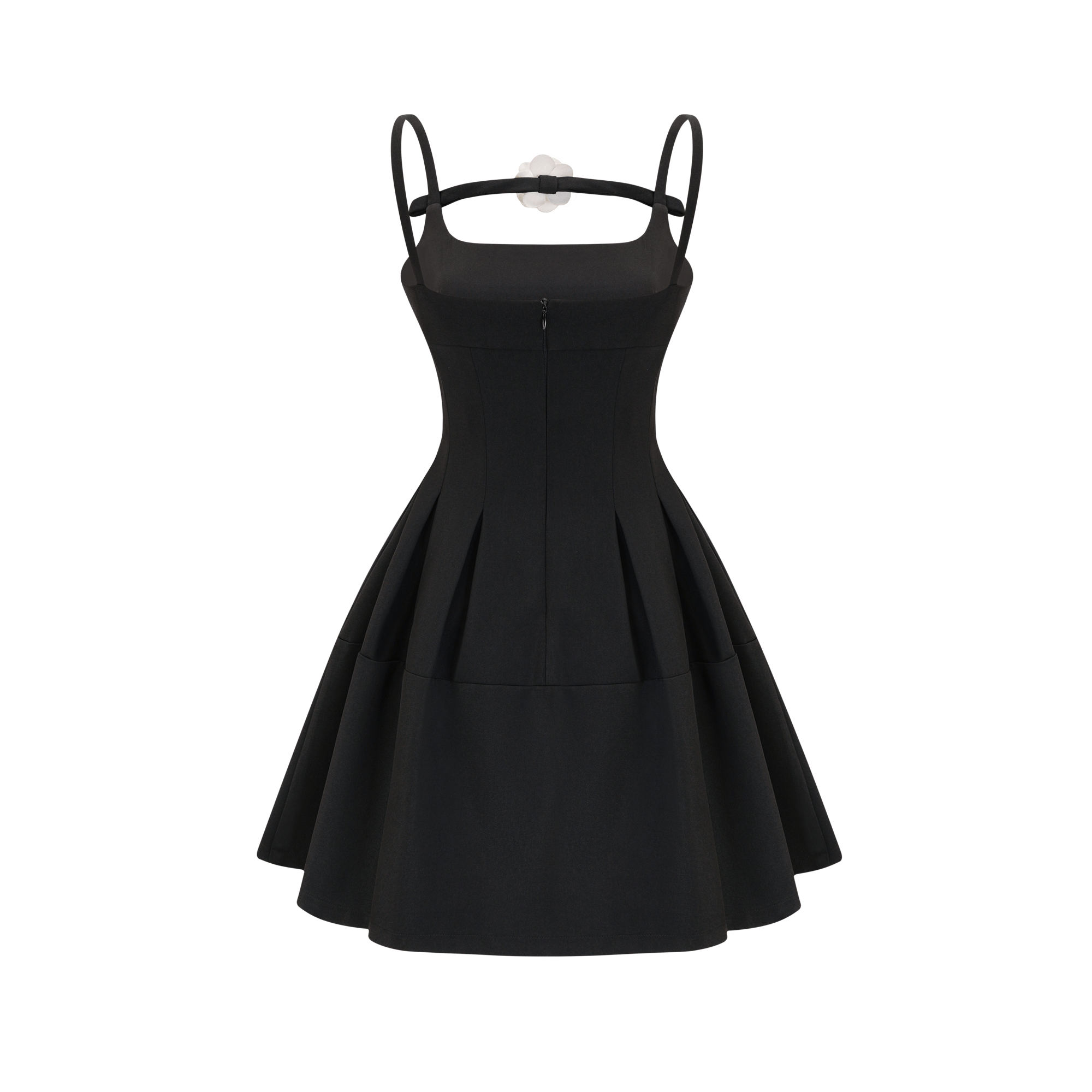Camellia pleated black mini dress
