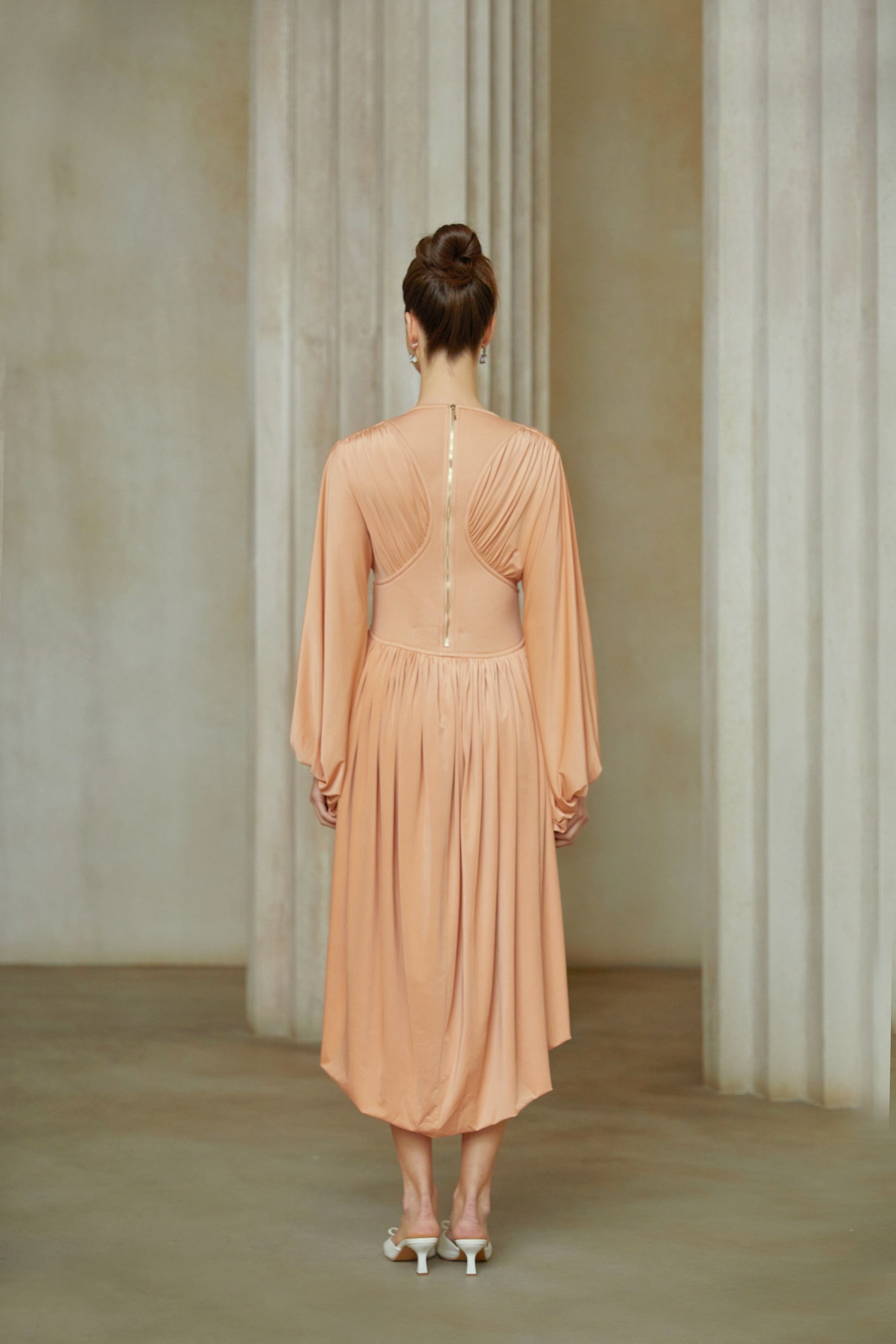 Kenza Brown Asymmetrical Pleated Midi Dress