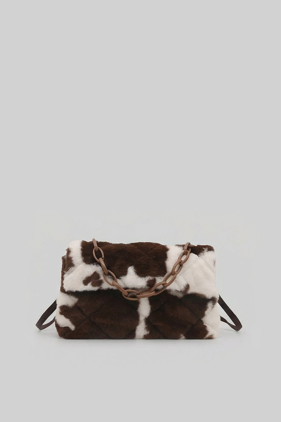Faux Fur Chain-Handle Mini Bag with Quilted Texture – Brown & White