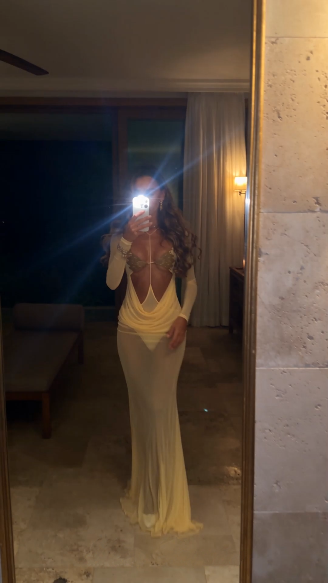 cressida yellow cut-out semi-sheer fishtail maxi dress