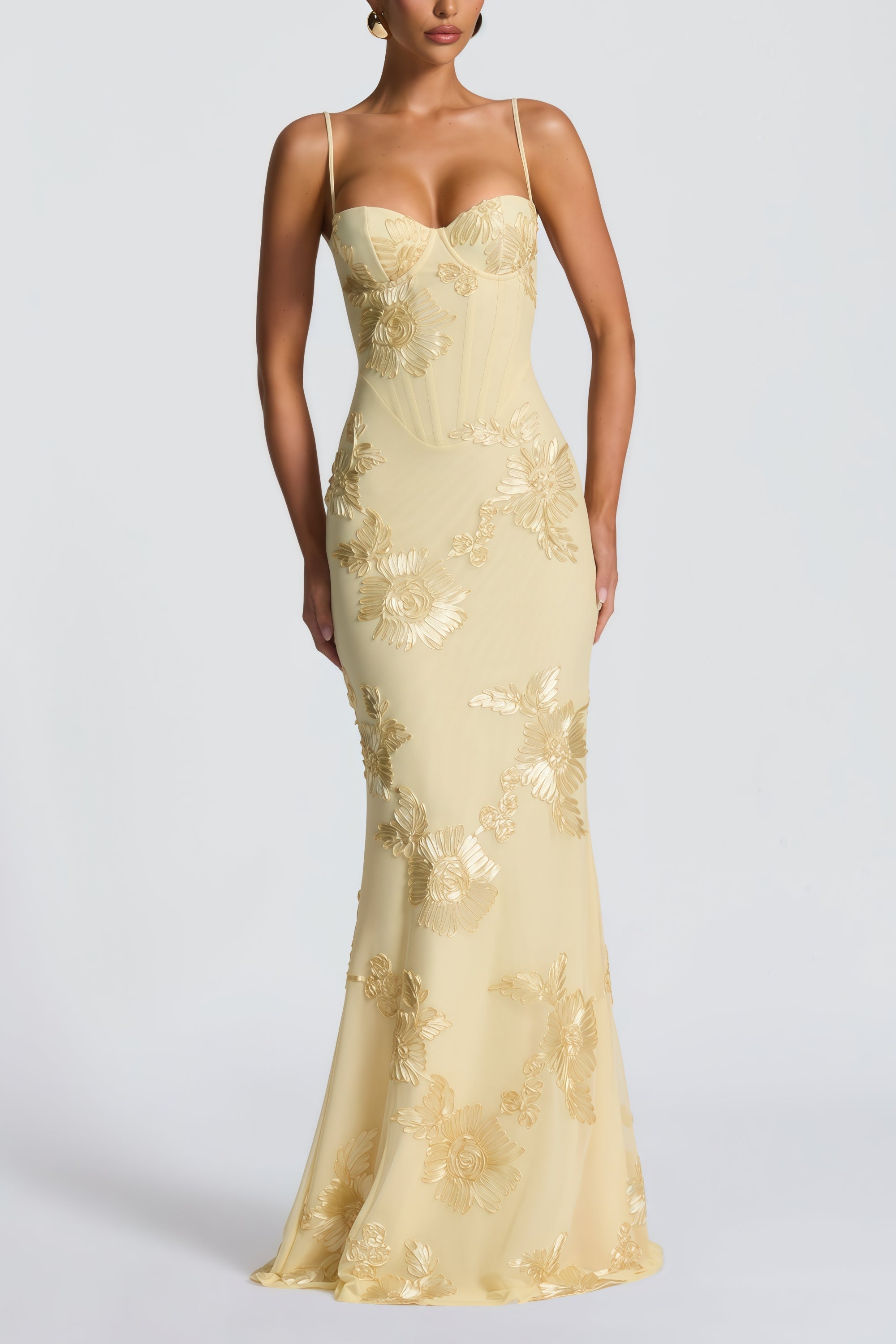 Théoline Yellow Floral Appliqué Corset Maxi Dress (Final Sale-US Only)