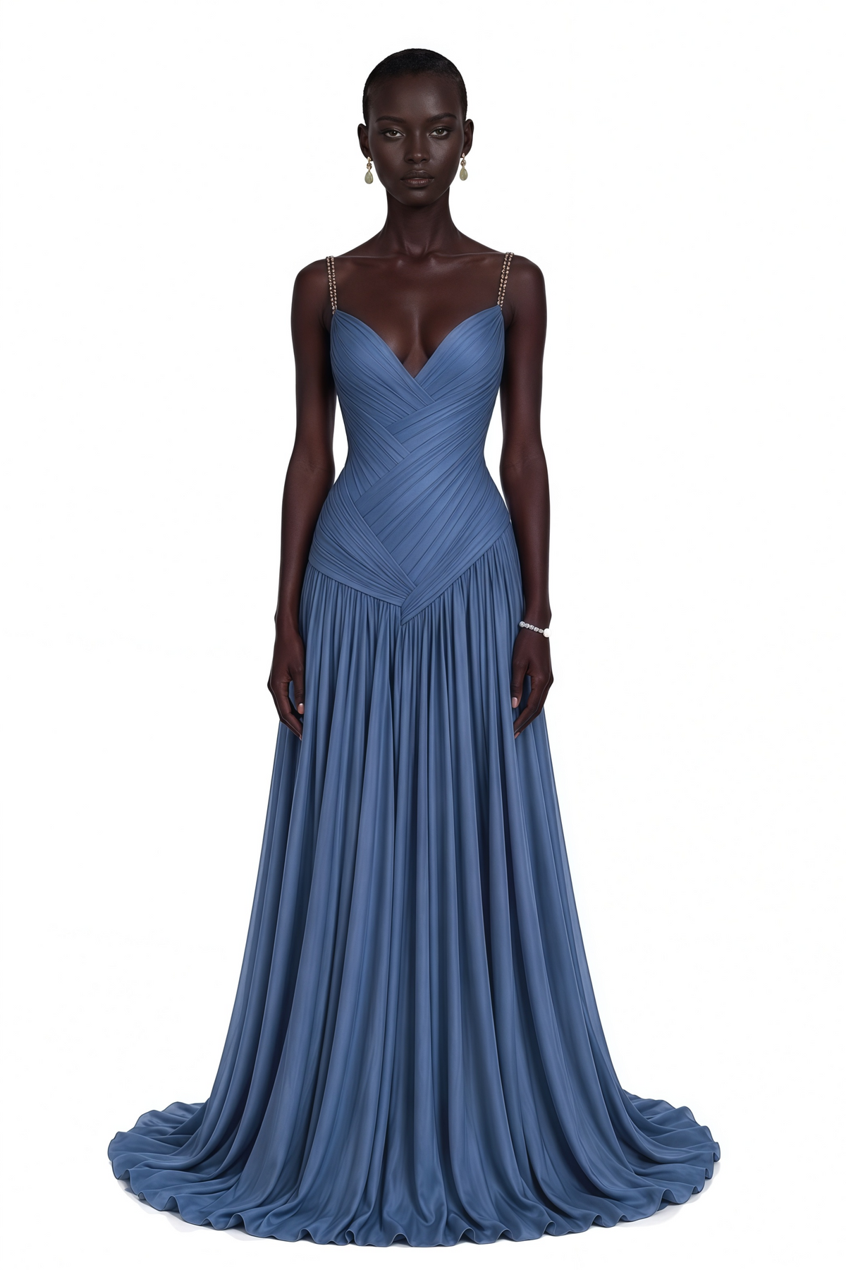 angelína blue diagonal pleated gathered maxi gown