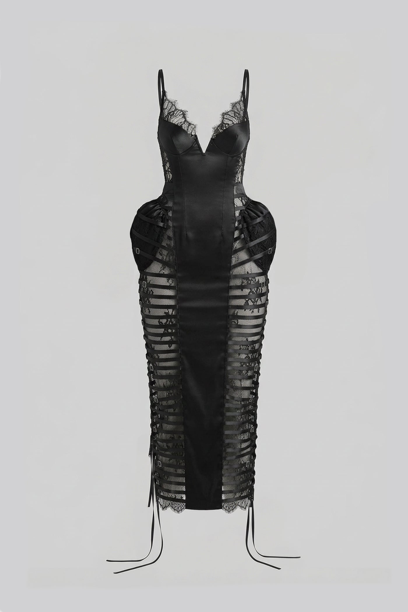 Lace-Trim Midi Dress With Sequin Sheer Side Panels - Black
