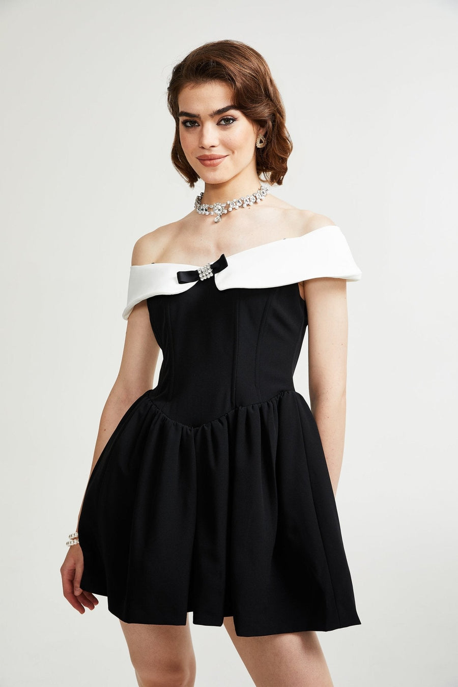 Deniece off-the-shoulder black mini dress