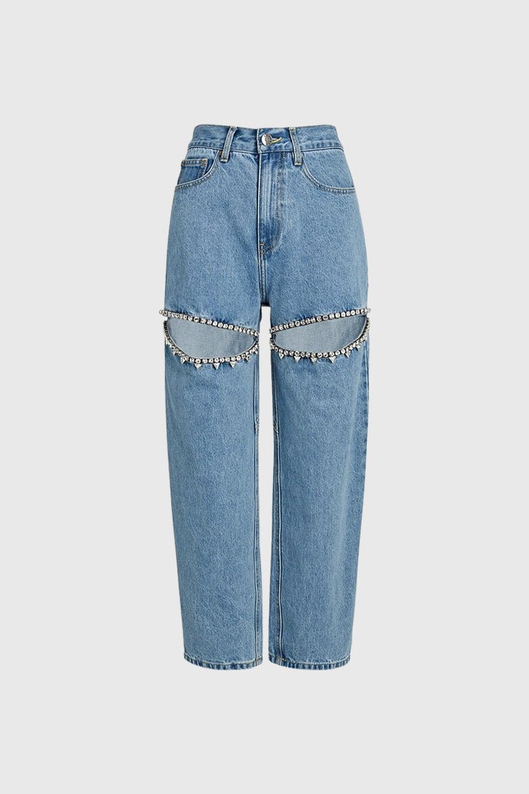 High Waisted Jeans with Cut Outs - Blue