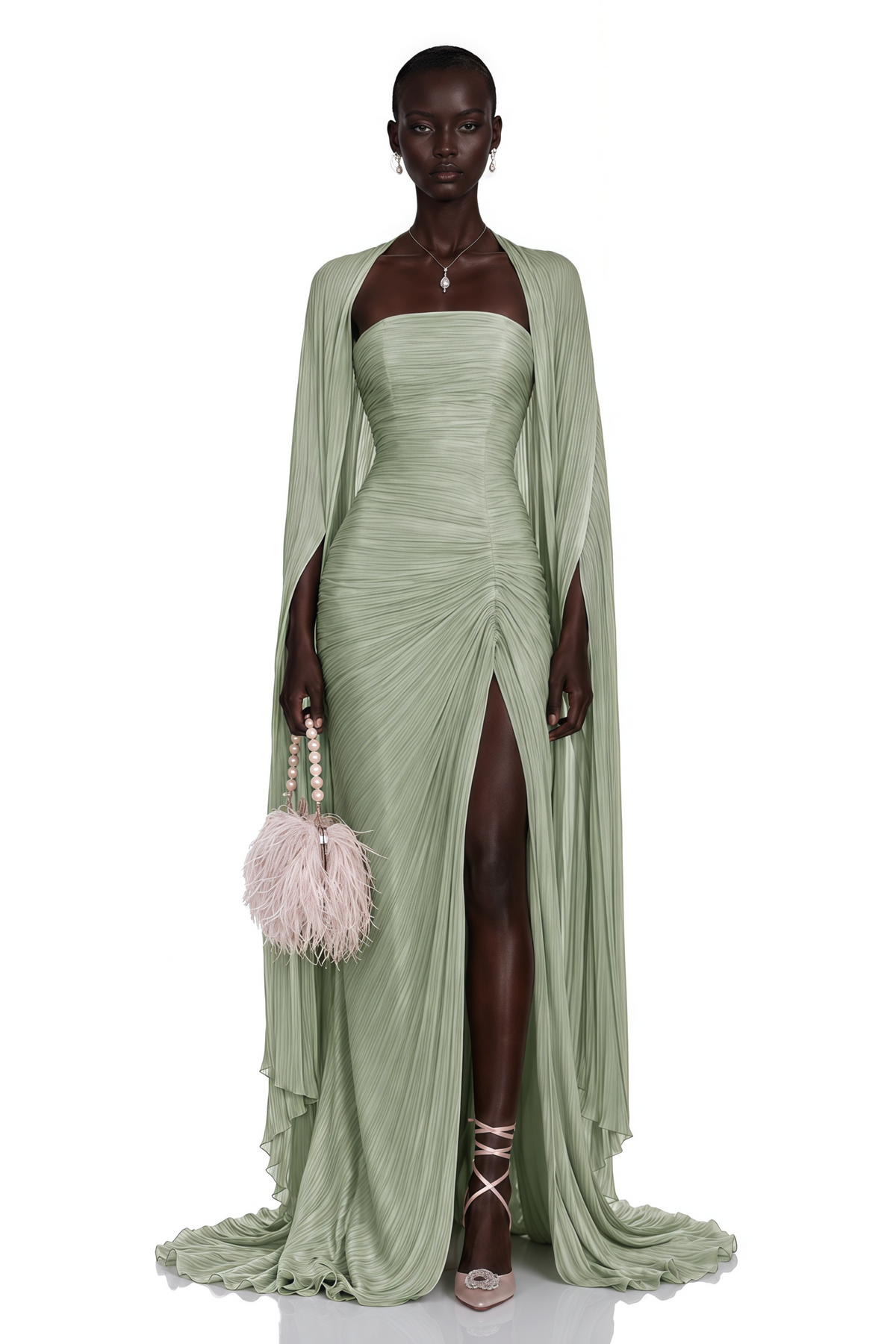 shifra green asymmetrical cape maxi dress