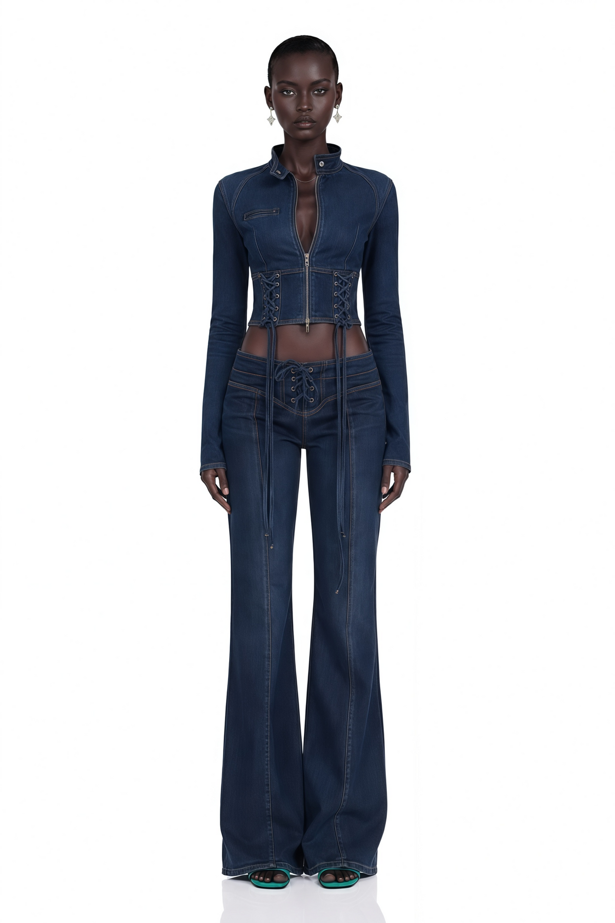 kiona indigo blue denim lace-up co-ord set