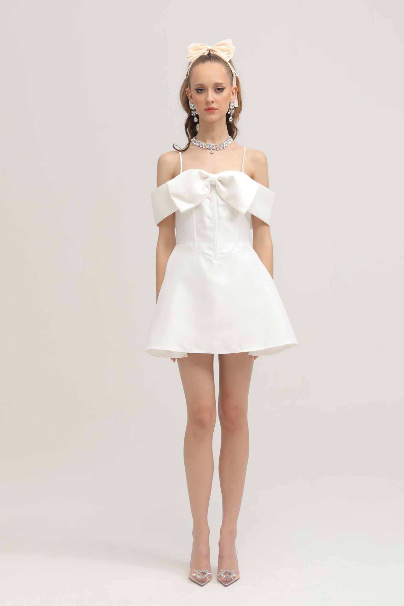 Elva white bowknot flared mini dress