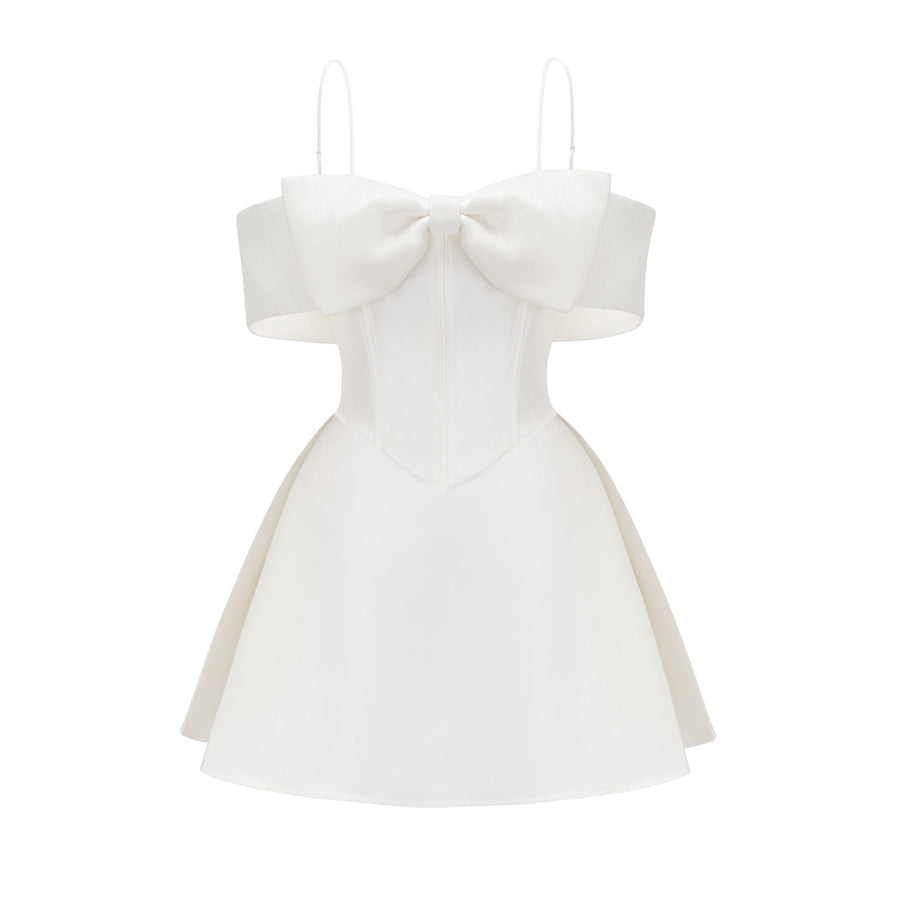 Elva white bowknot flared mini dress - White