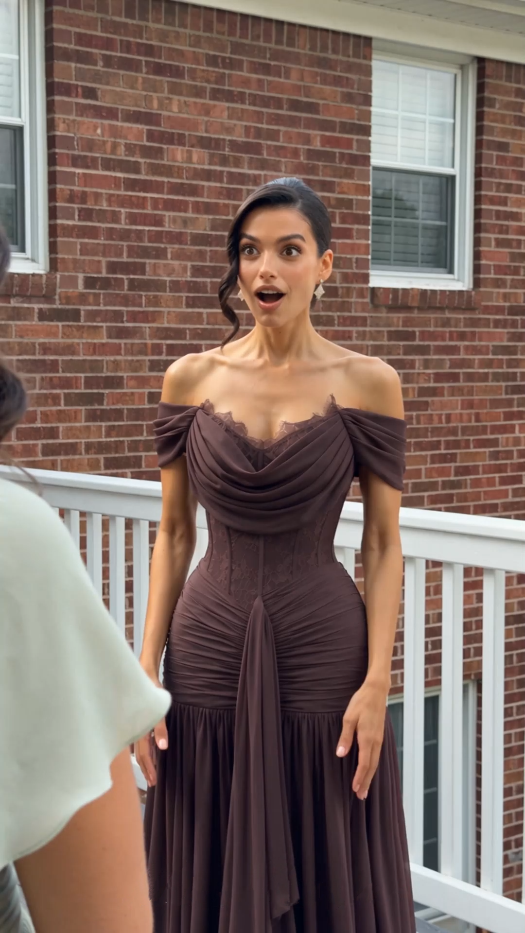 eponine brown lace ruched off-shoulder maxi dress