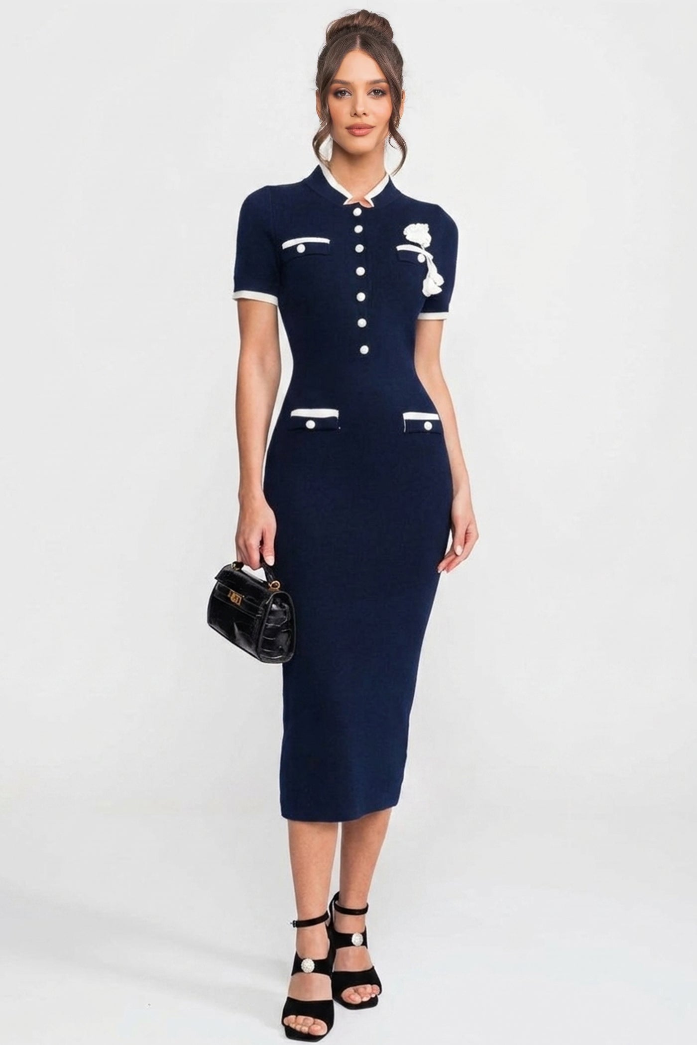 Ribbed Knit Midi Dress With Contrast Trim And Decorative Pockets - Navy - XS