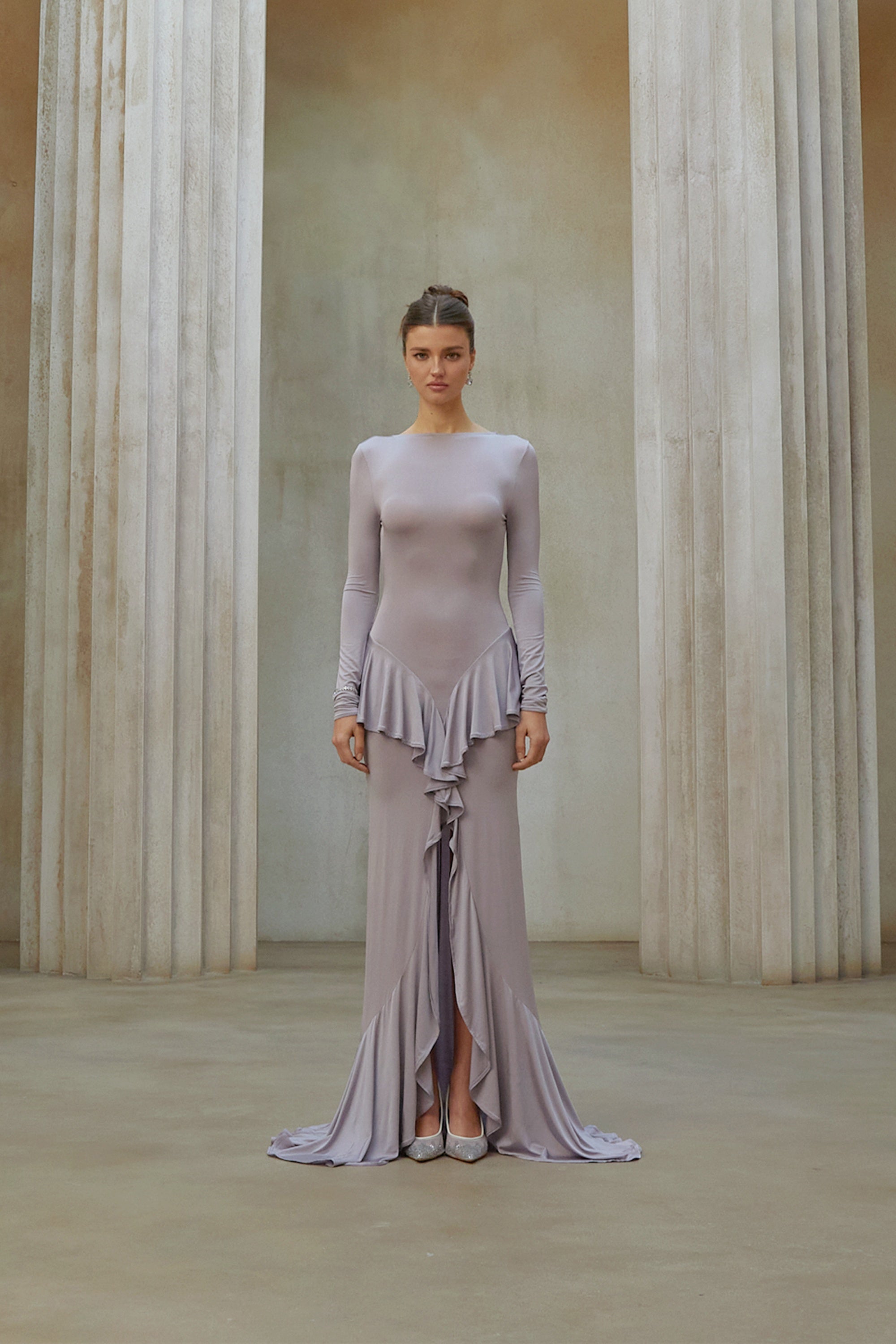 Xenia Purple Ruffle Detail Maxi Dress with Front Slit (Final Sale-US Only)