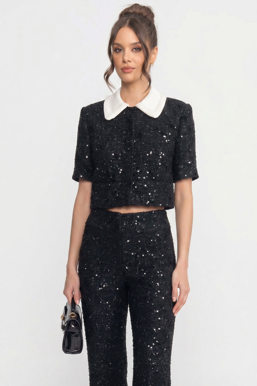 Zelie Black Short-Sleeve Tweed Cropped Jacket With Contrast Collar And Sequin Detail