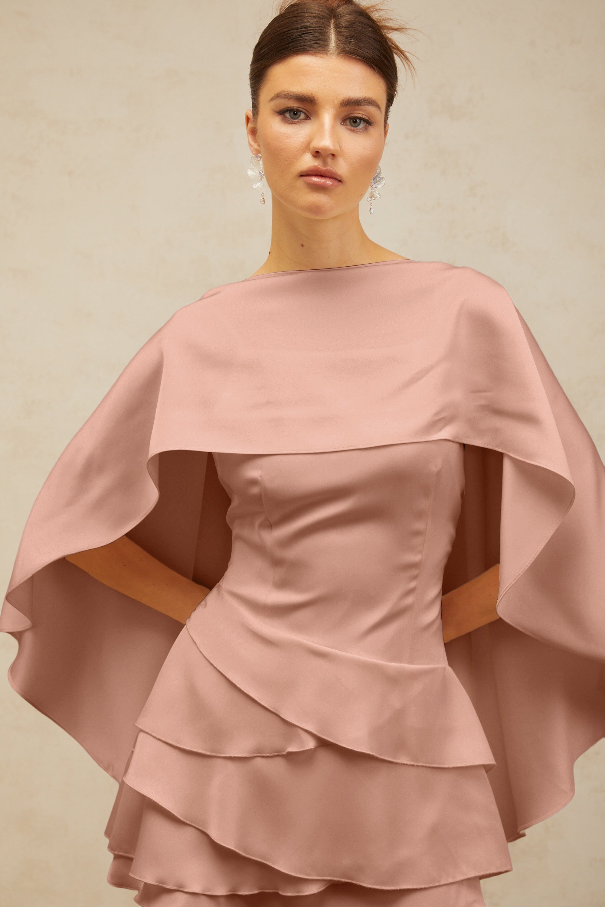 Lyna shawl-panel ruffled satin mini dress in Pink