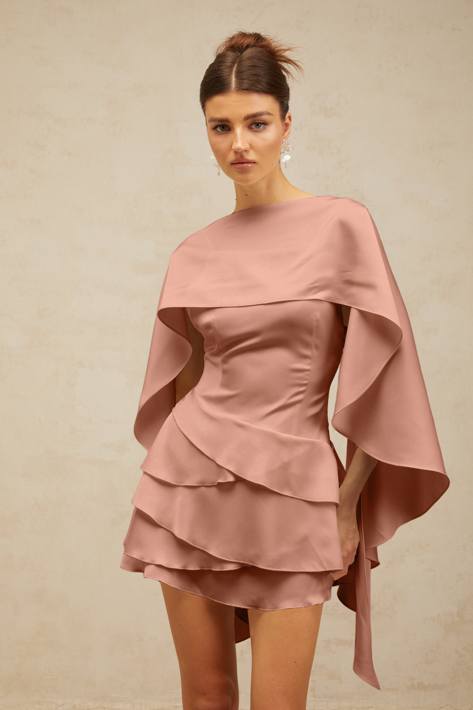 Lyna shawl-panel ruffled satin mini dress in Pink