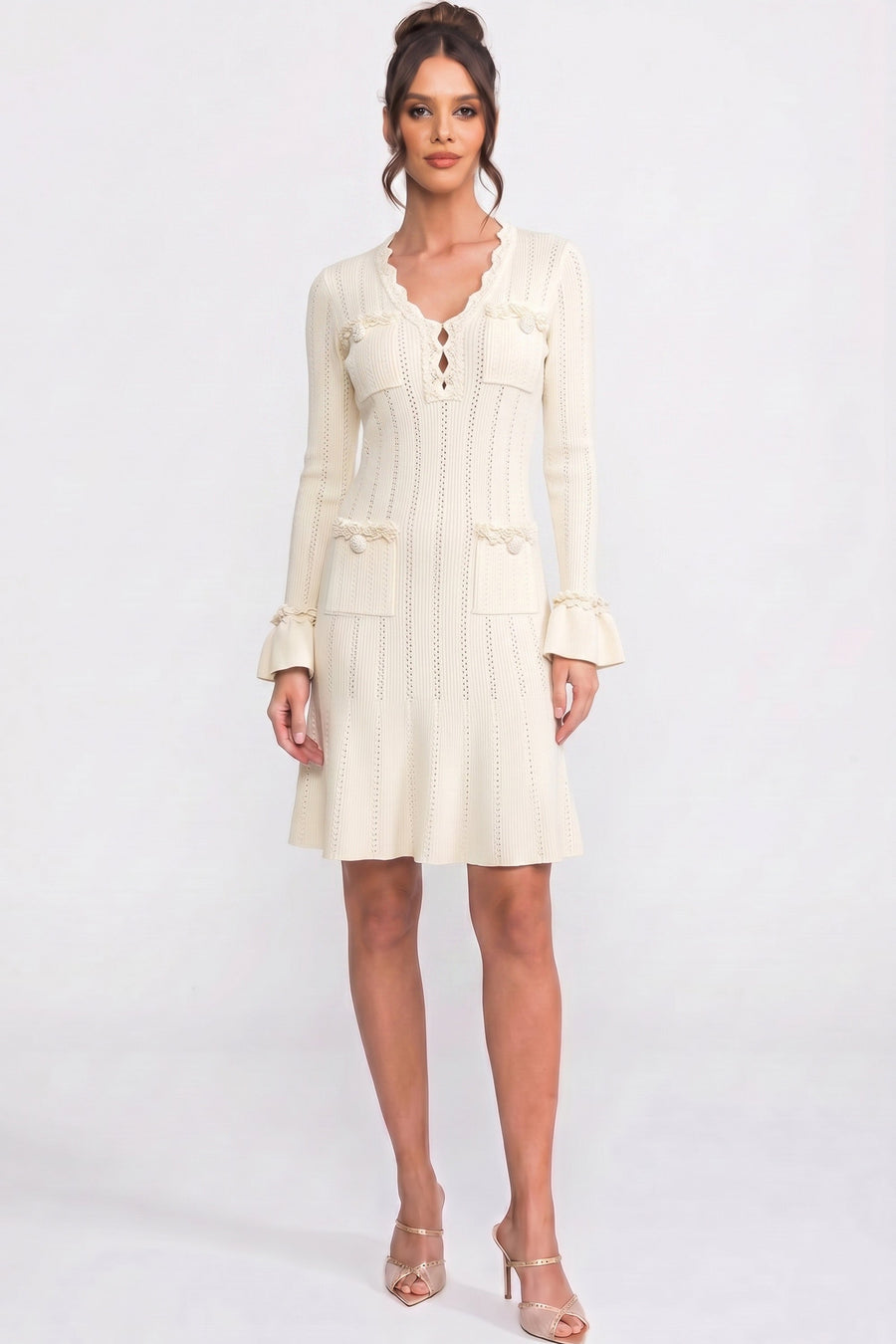 Henriette Ivoire Long-Sleeve V-Neck Knit Mini Dress With Ruffle Hem And Bow Cuffs
