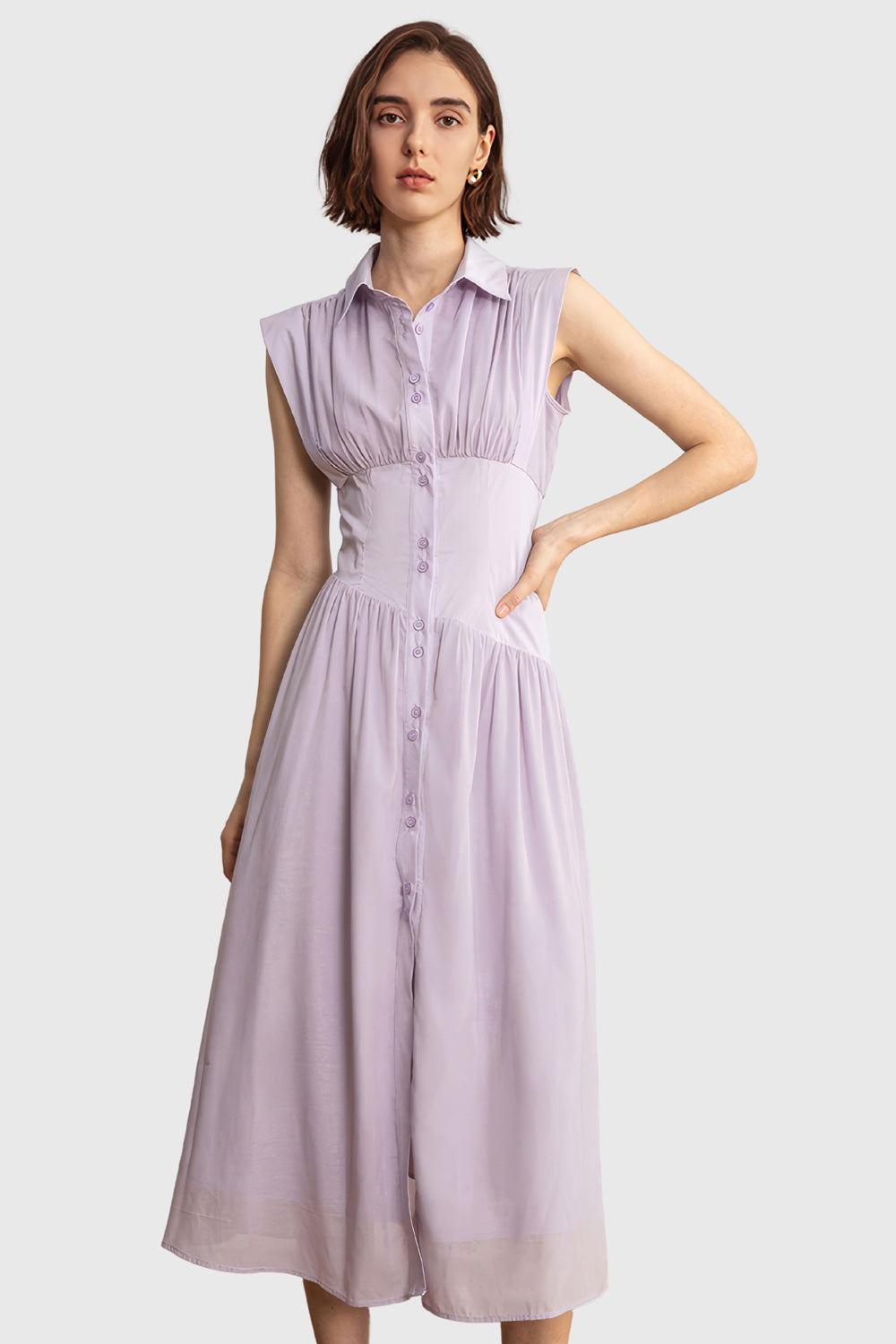 Buttoned Midi Dress With Long Sleeves - Purple