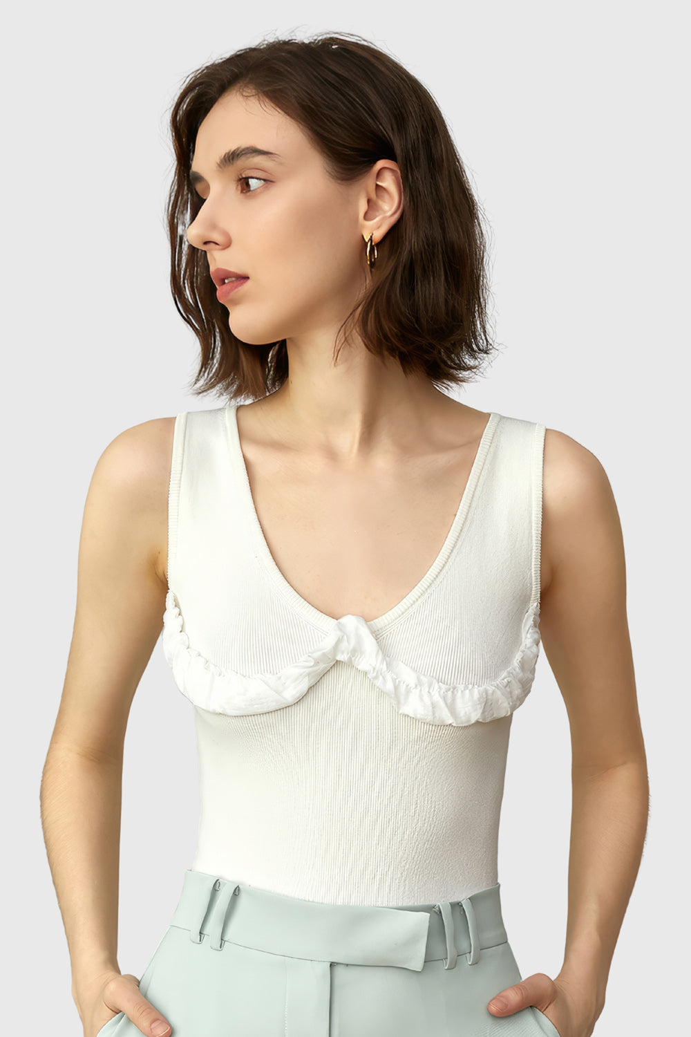 Ribbed Top with V Neckline - White