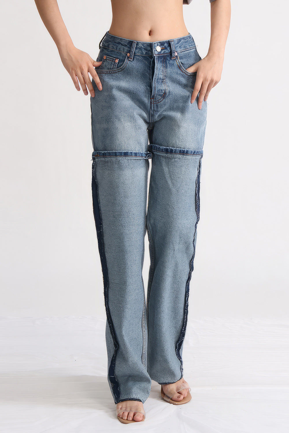 High Waisted Jeans with Stitching Details - Blue