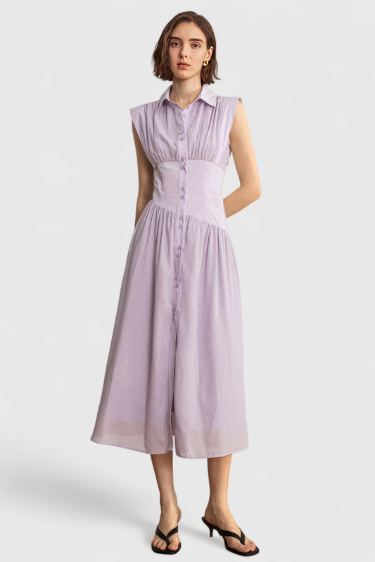 Buttoned Midi Dress With Long Sleeves - Purple