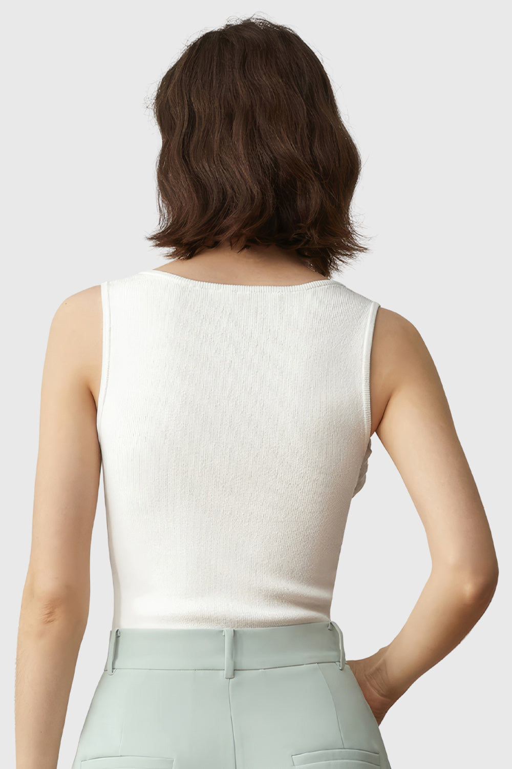 Ribbed Top with V Neckline - White