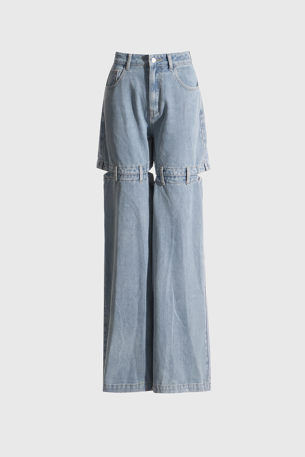 High Waisted Jeans with Back Cuts - Washed Blue