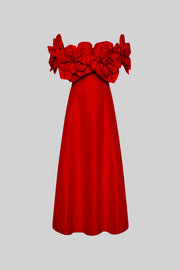 Off-Shoulder Midi Dress With Large Fabric Floral Accents - Red