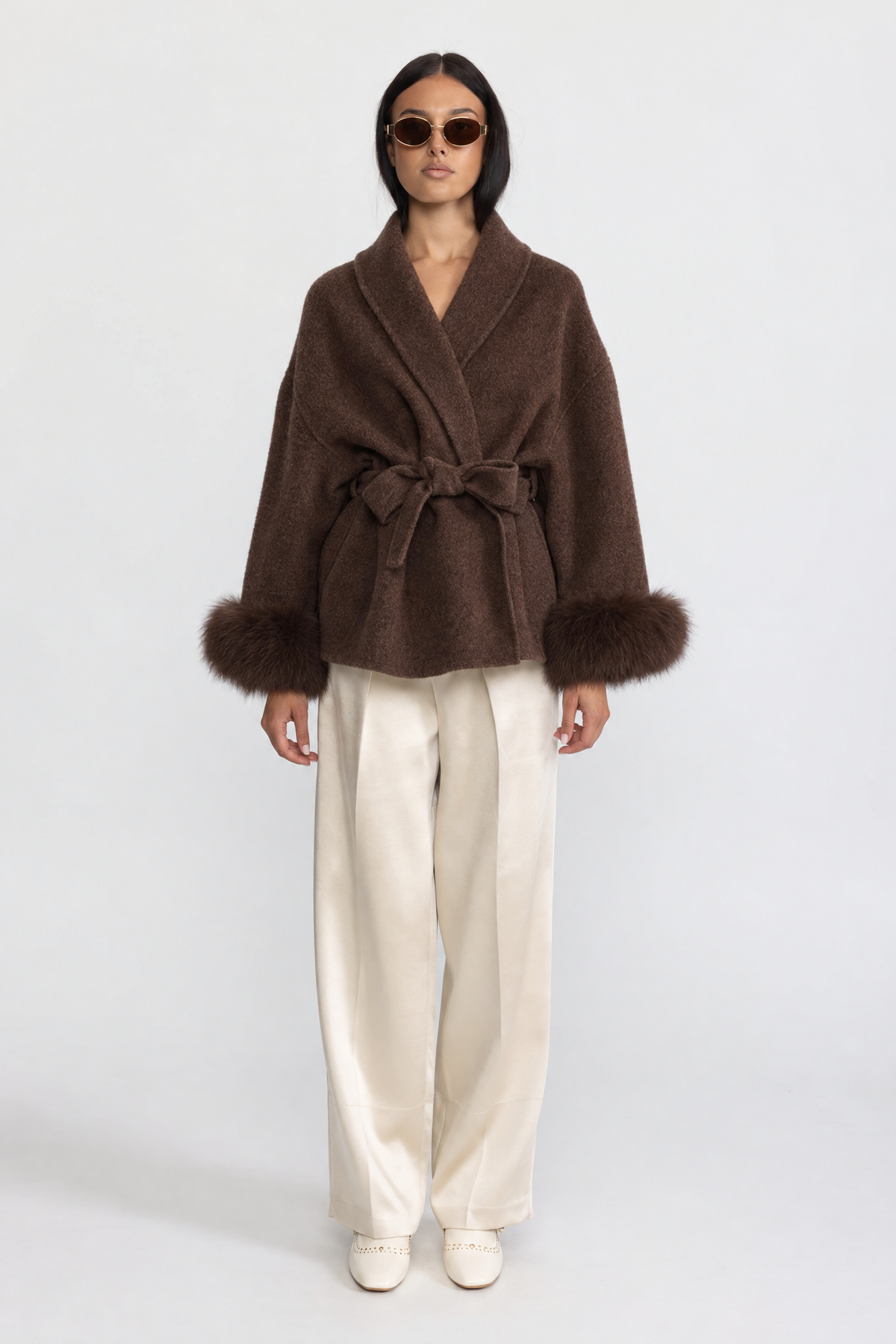 Wool Blend Wrap Jacket with Fox Fur Cuffs - Brown