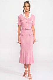 Ribbed Knit Midi Dress With White Collar And Pearl Belt - Pink