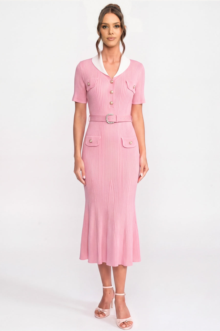 Ribbed Knit Midi Dress With White Collar And Pearl Belt - Pink