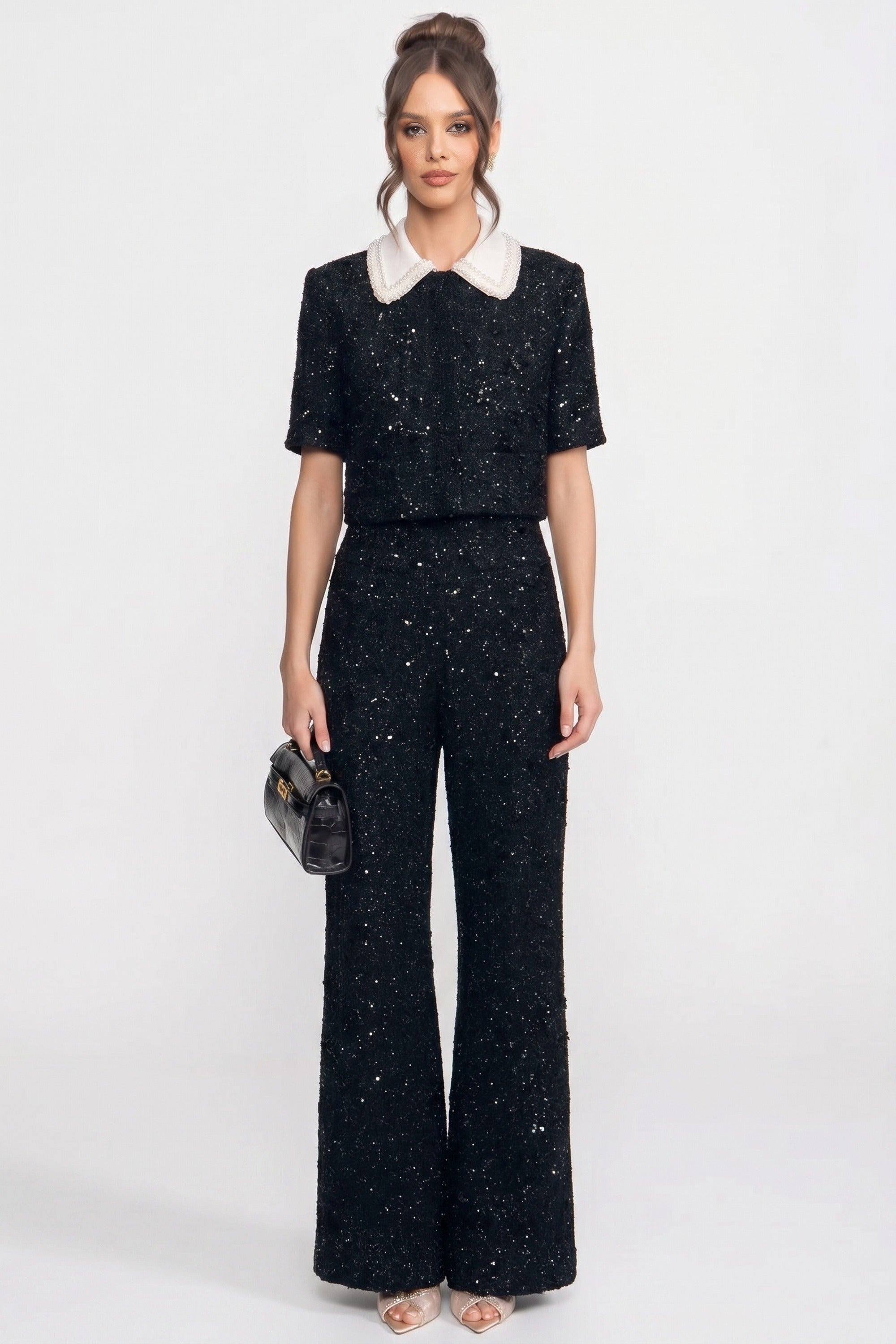 Wide-Leg Tweed Trousers With Sequin Detail - Black