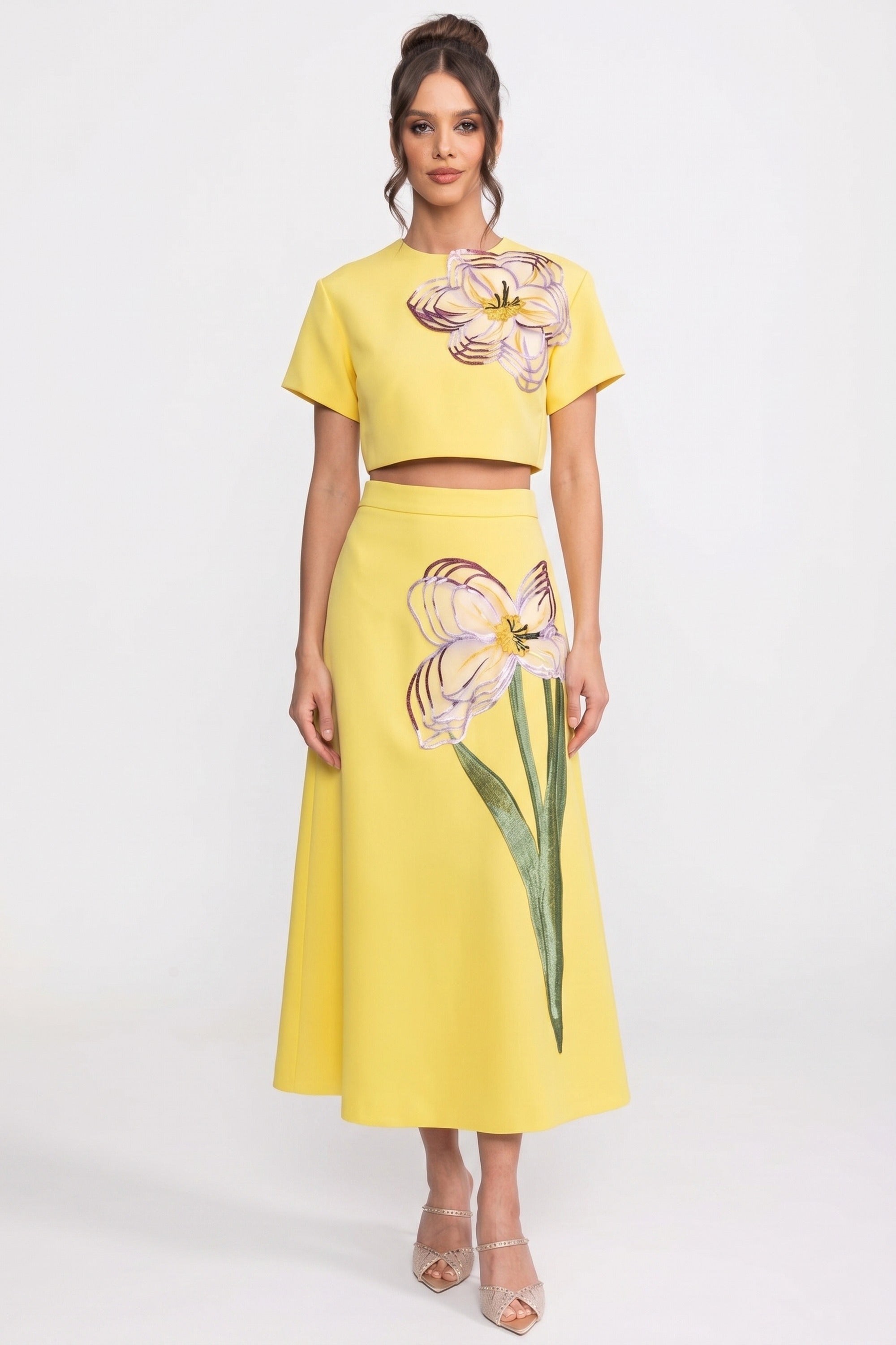 Short-Sleeve Floral-Print Co-Ord Set With Crop Top And Maxi Skirt - Yellow